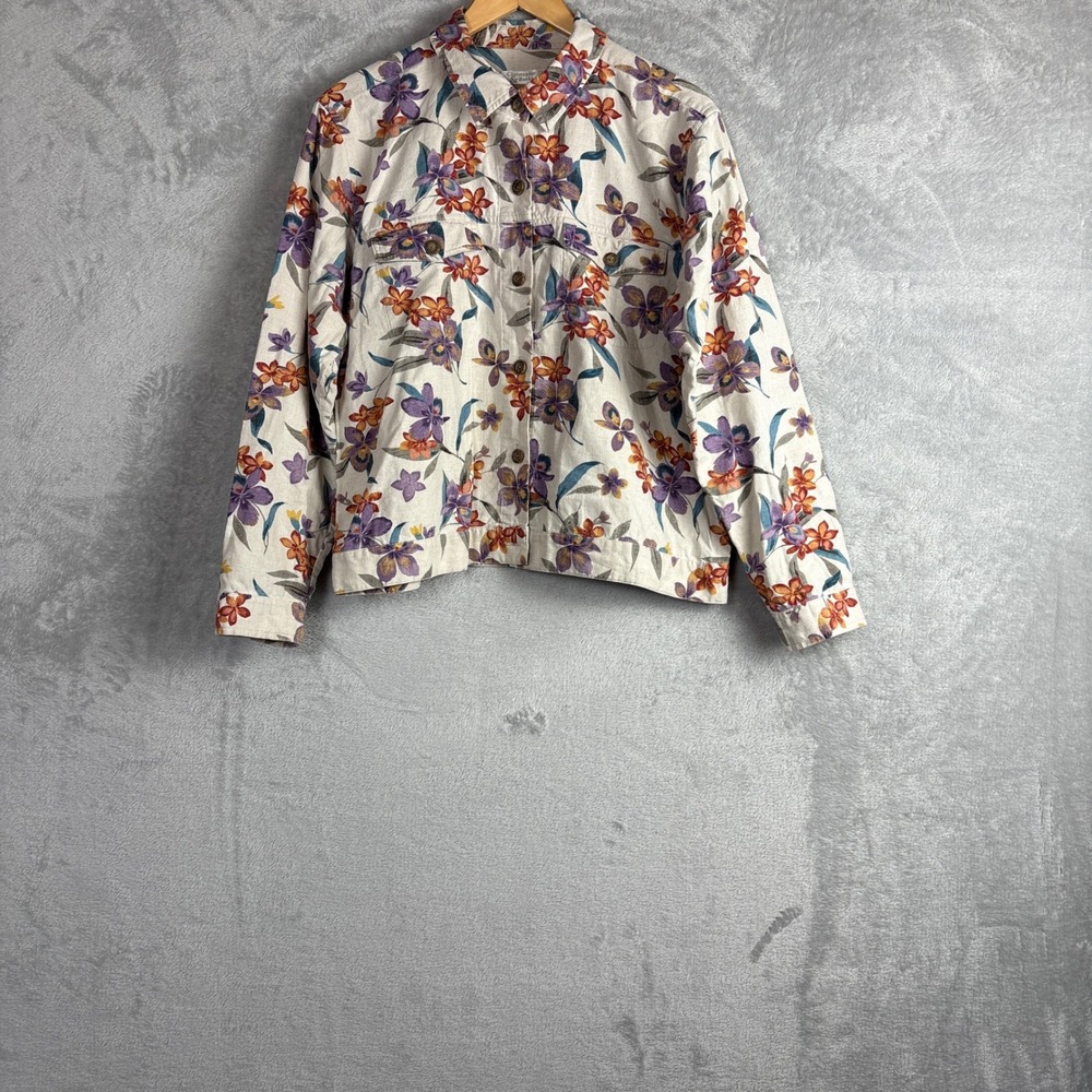 Vintage Jacket Floral Linen Blend Size L Button Up Natural Relaxed Fit Cottage